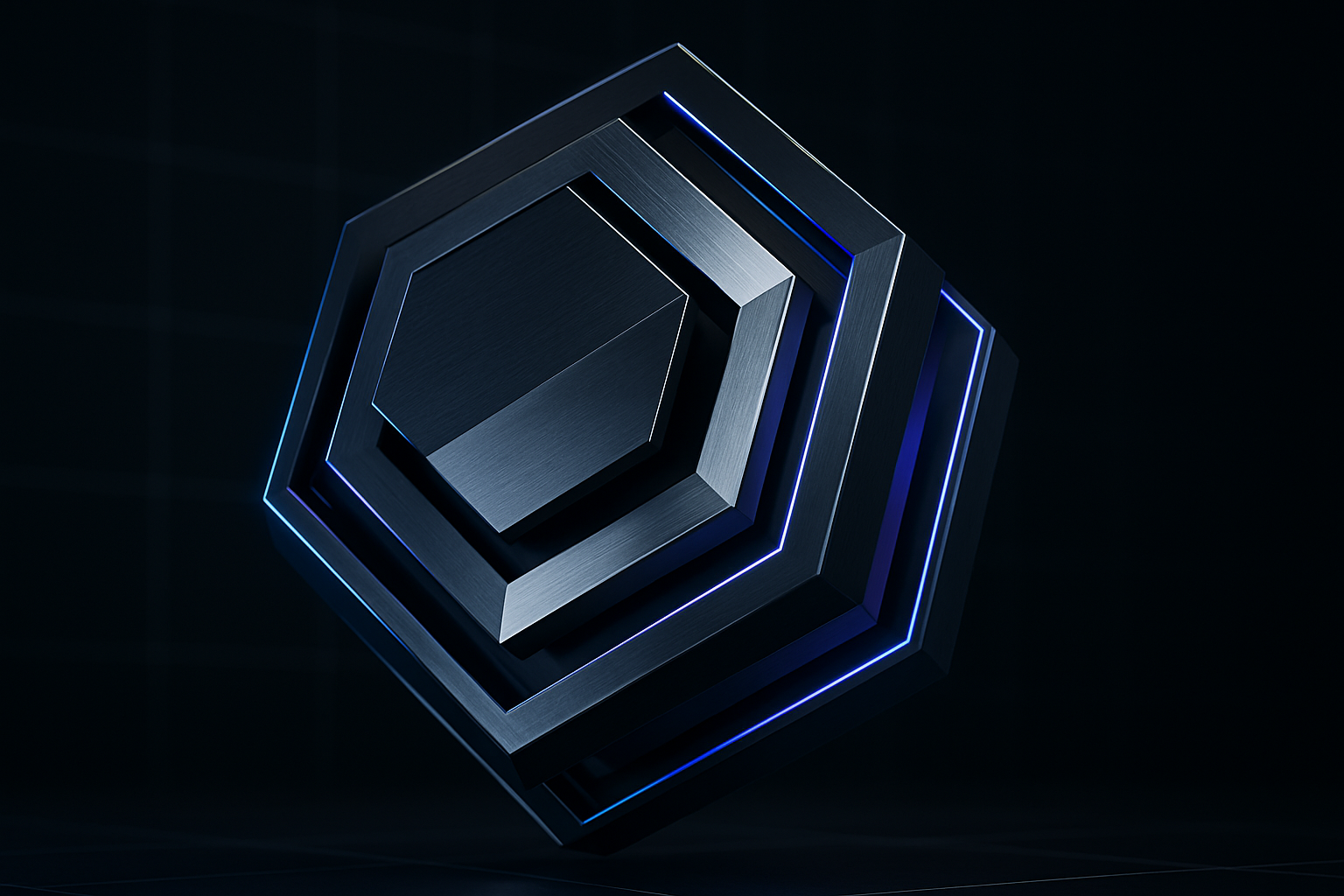 Futuristic 3D geometric research artifact with layered metallic facets and luminous edges, appearing as a rotating kinetic object