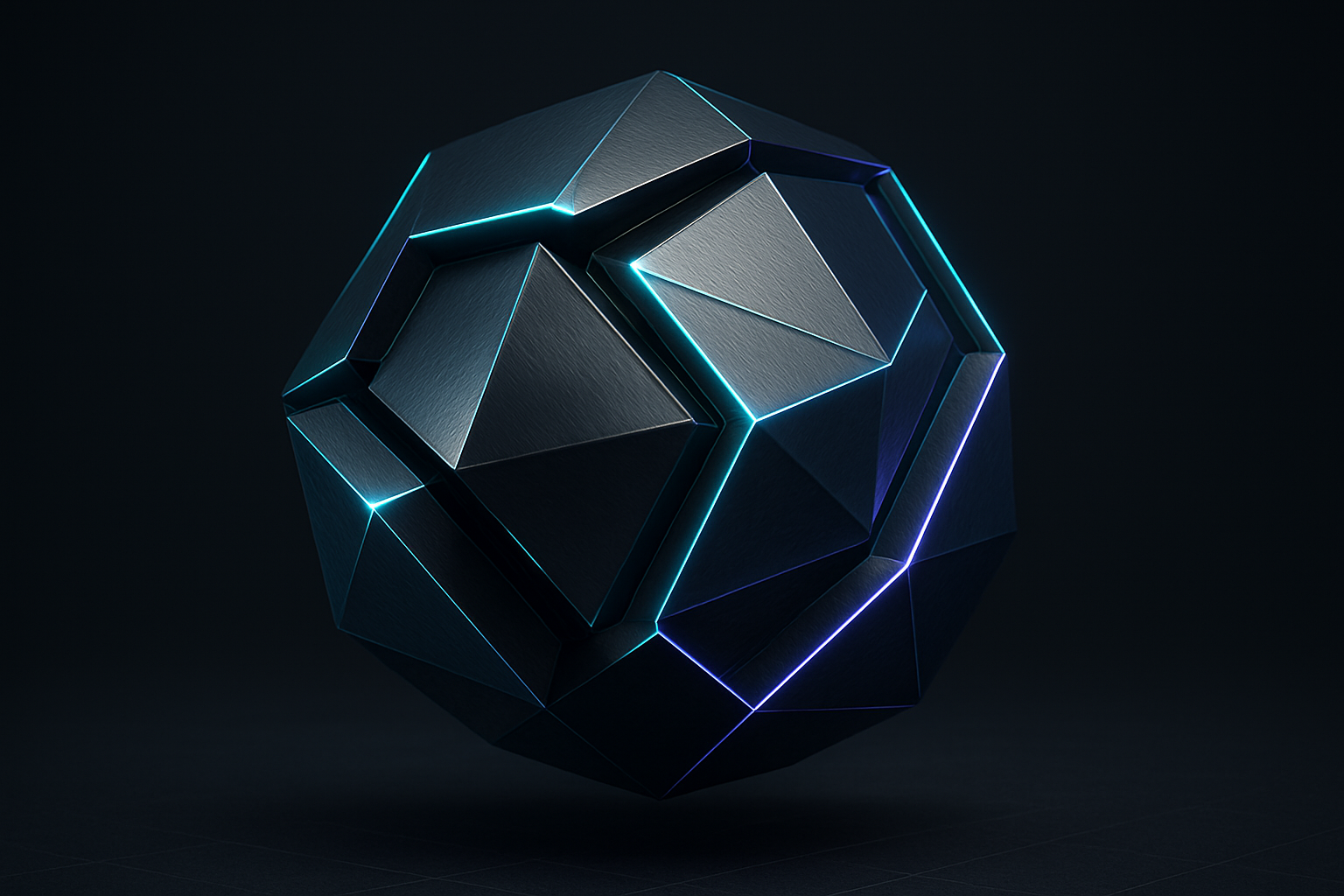 Futuristic 3D geometric research artifact with layered metallic facets and luminous edges, appearing as a rotating kinetic object