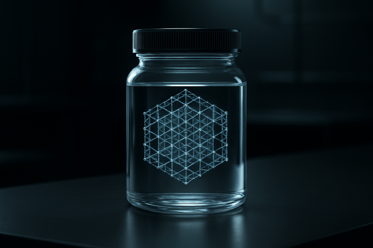 Clear glass vessel with structured water geometry lit by soft lab lighting