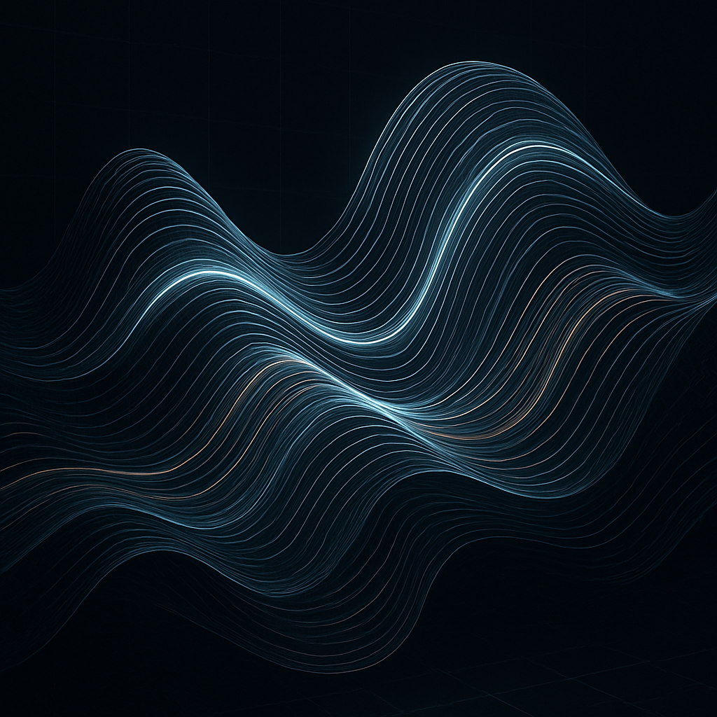 Premium abstract 3D line sculpture with flowing wave motion, dense wireframe grid contours, and bright luminous highlights in a dark research lab aesthetic