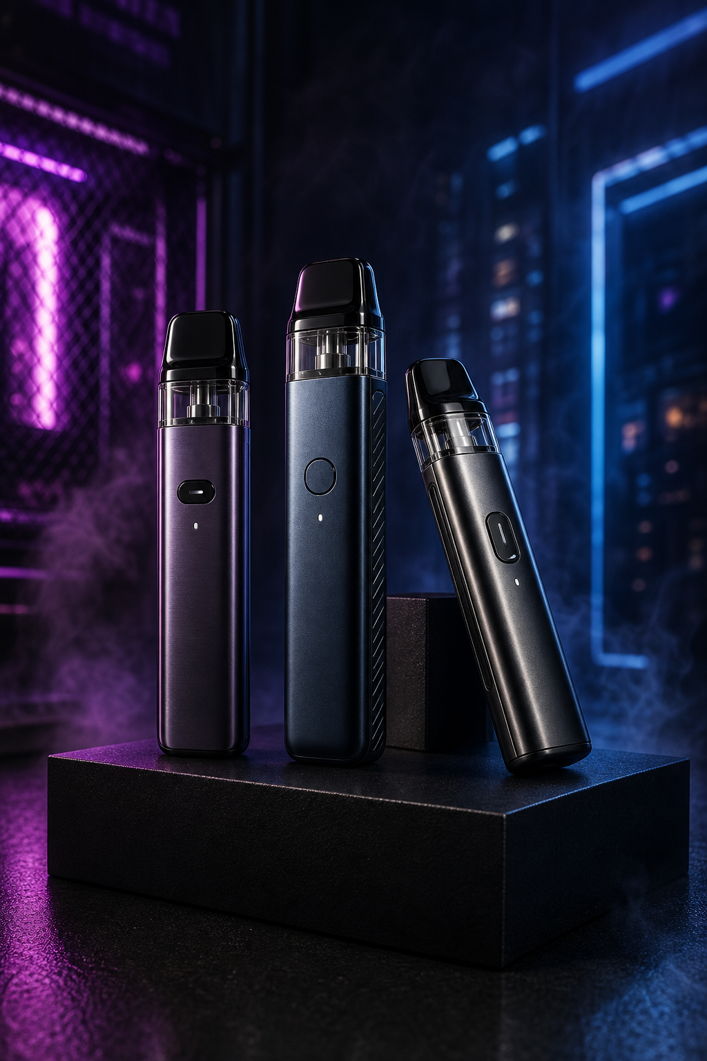 Moody premium vape display in a dark urban setting with polished devices and soft neon reflections