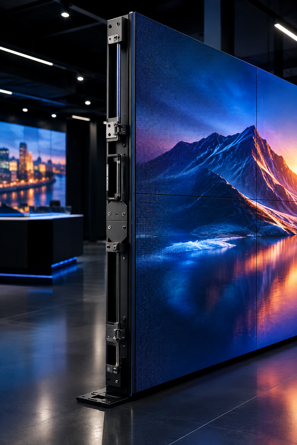 Moderný profesionálny LED panel v showroom prostredí s ostrým detailom modulov a prémiovým tmavým nasvietením