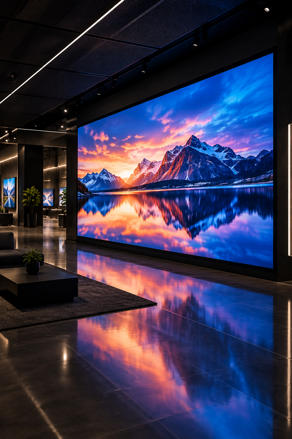 Moderná trvalá inštalácia LED panelov v interiéri showroomu s jasným obrazom