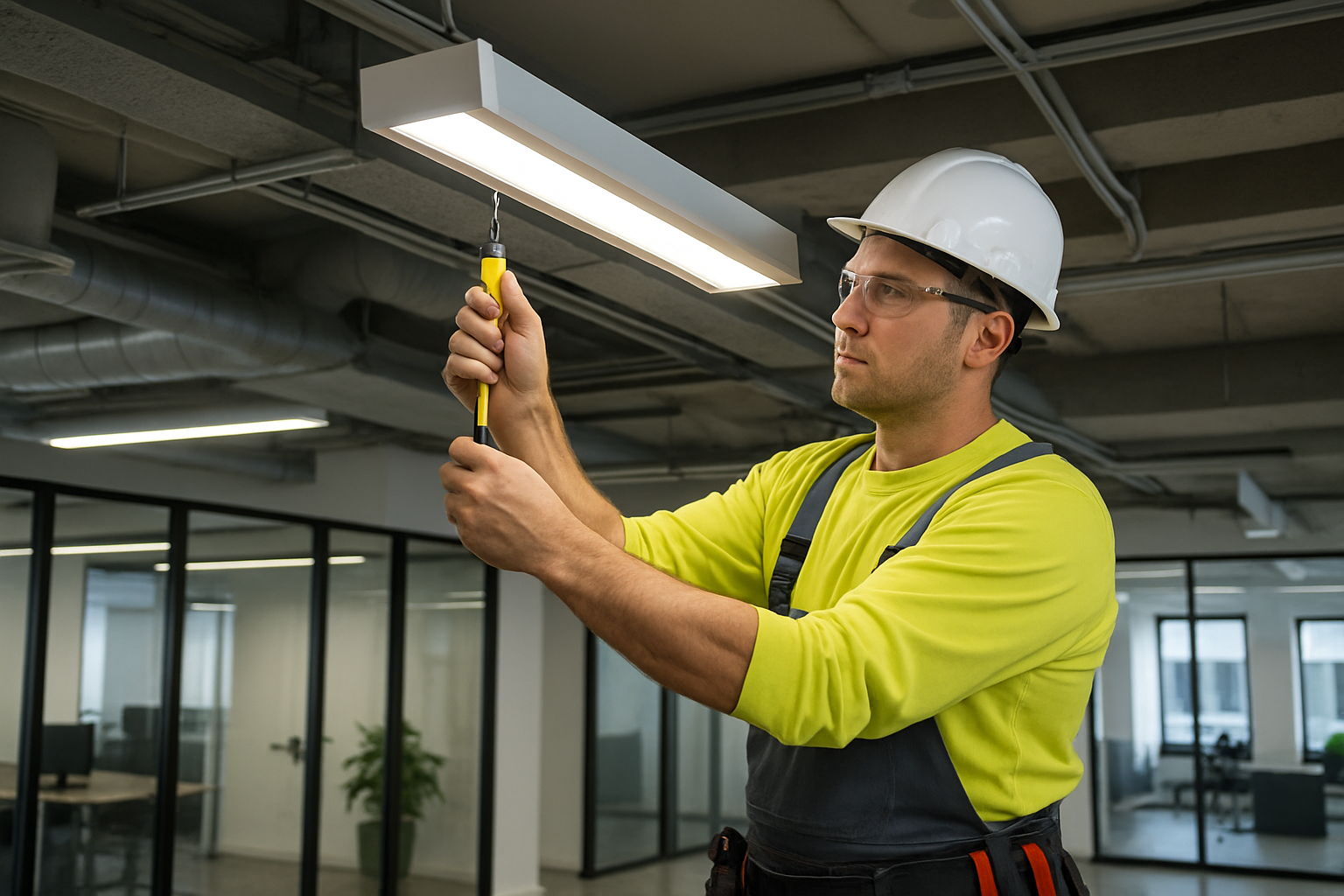 Licensed electrician performing lighting and wiring upgrades inside a modern commercial workspace
