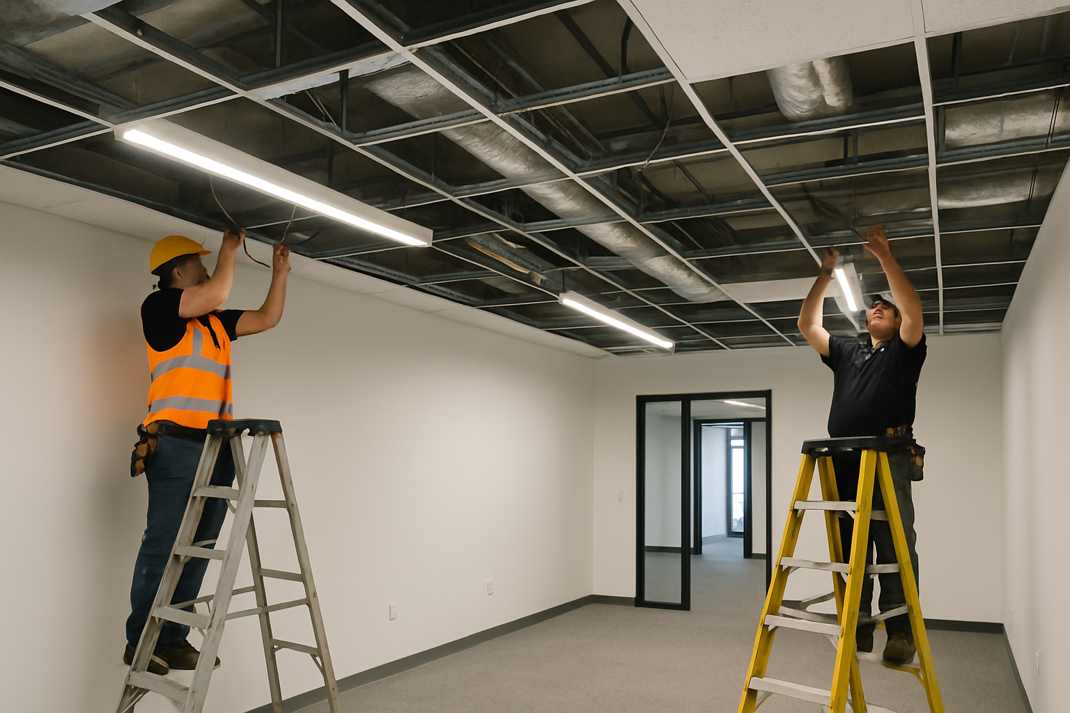 Modern office floor with electricians completing lighting and power rough-in during a commercial fit-out