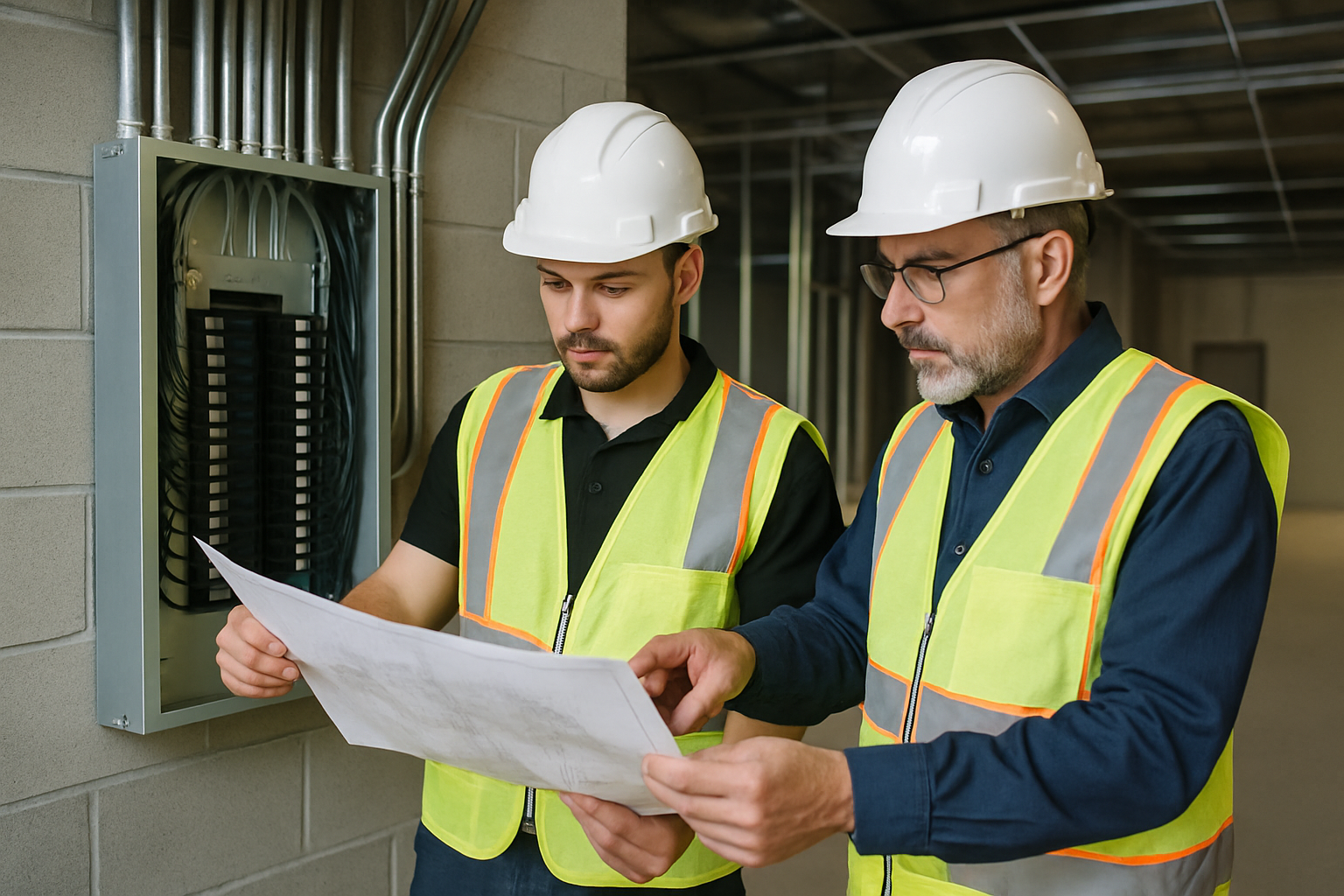 Licensed electricians reviewing plans and wiring setup at an active commercial worksite