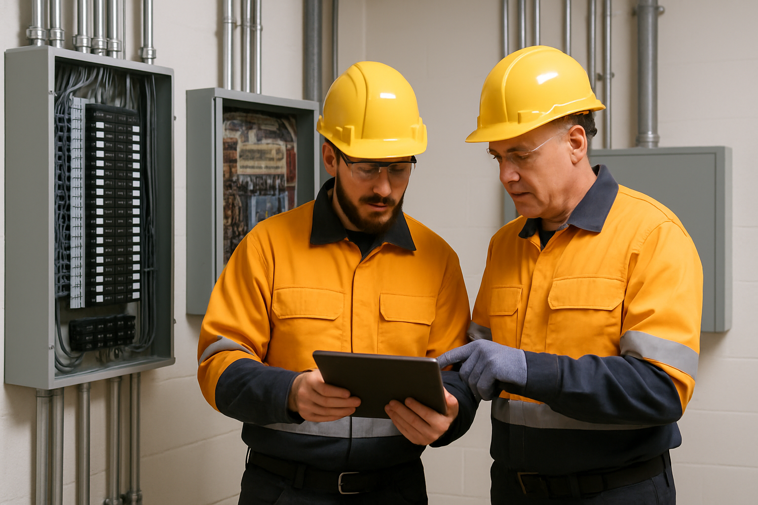 Two licensed electricians reviewing a tablet beside electrical panels and conduit installations in a clean professional jobsite