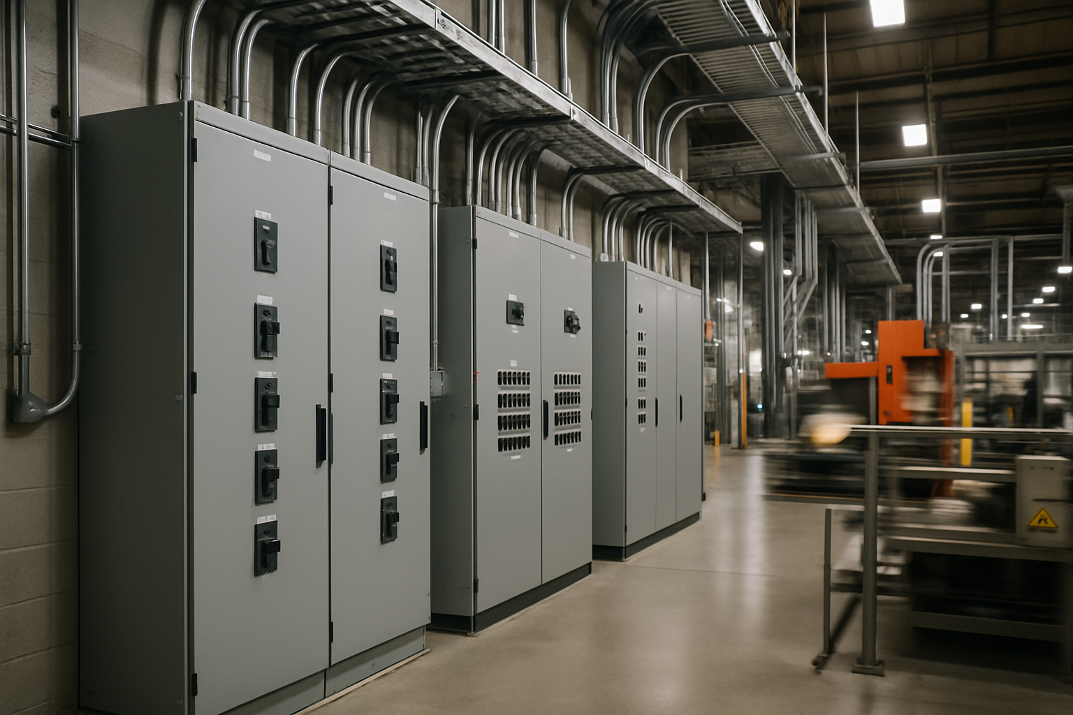 Industrial electrical room with control panels, conduit runs, and operating equipment