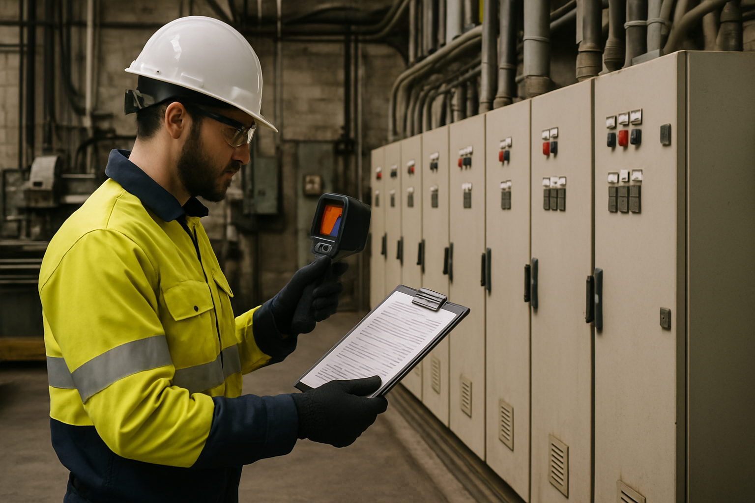 Technician performing maintenance checks on industrial electrical panels beside production machinery