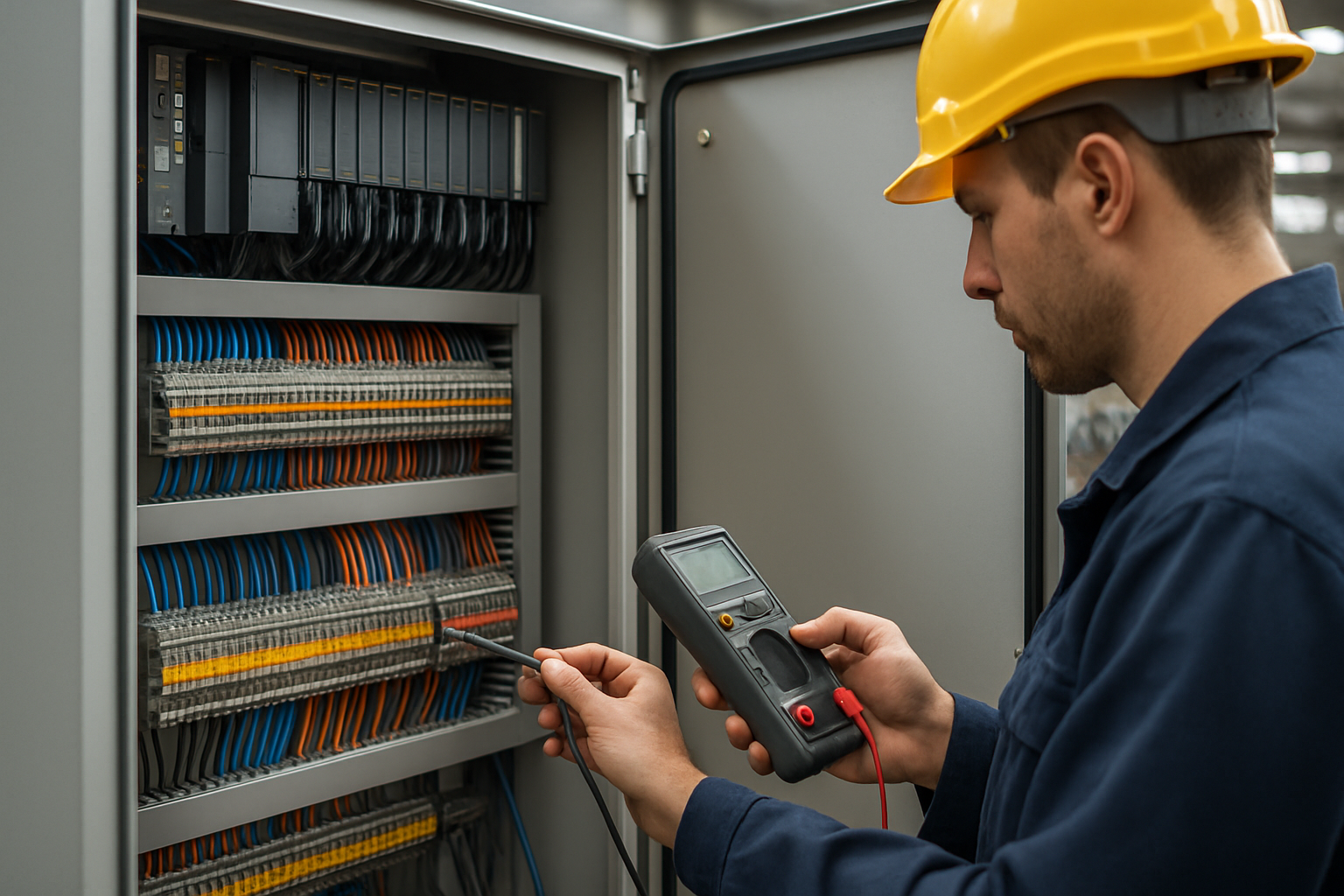 Industrial control cabinet with PLC wiring and labeled terminal blocks installed by technicians