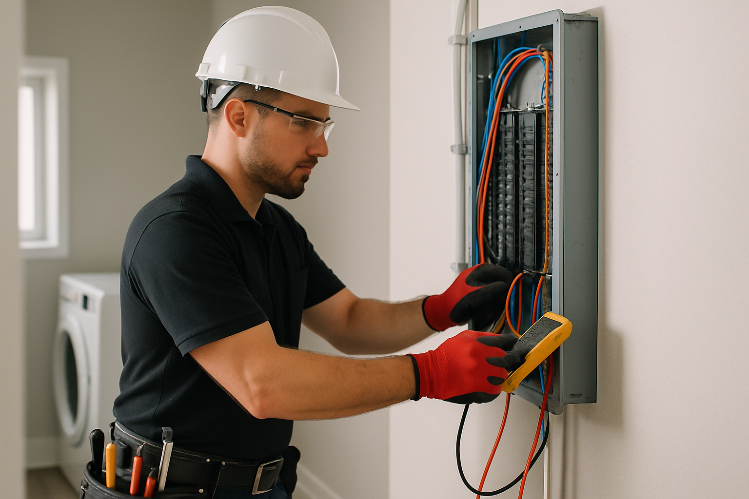 Licensed electrician installing and checking a clean residential electrical panel in a modern home utility area