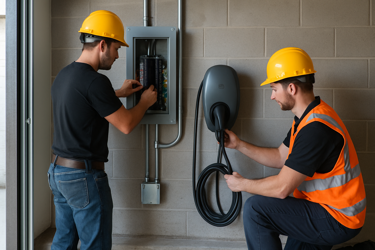 Two electricians installing a new residential electrical panel and EV charger in a finished garage
