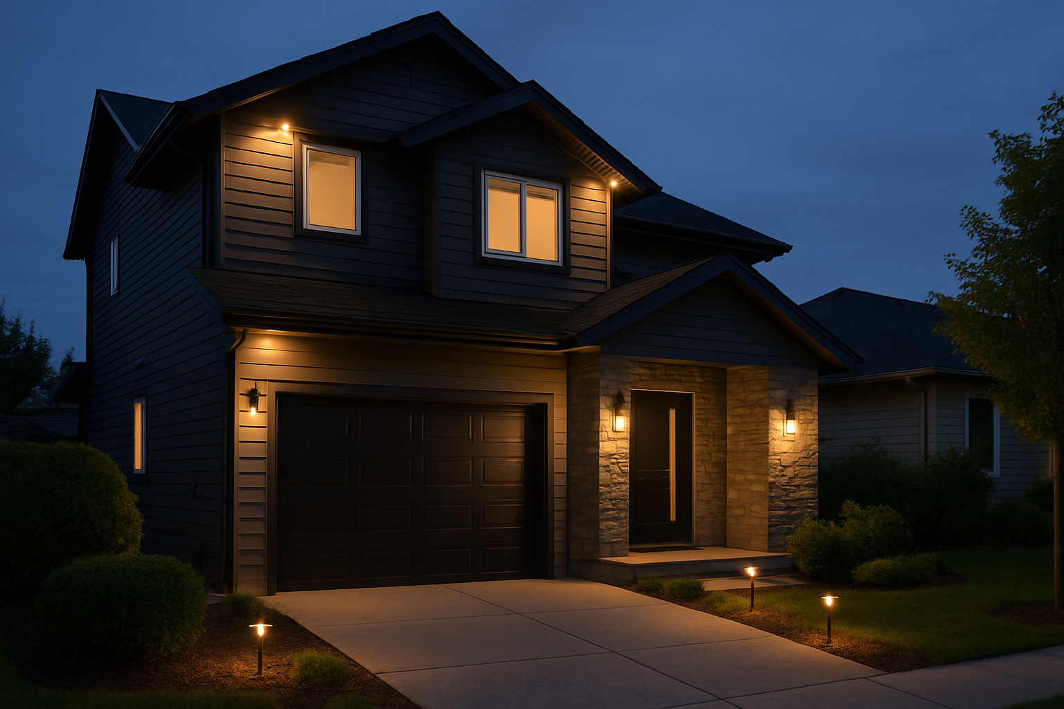 Contemporary home exterior at dusk with newly installed pathway lighting and security camera points