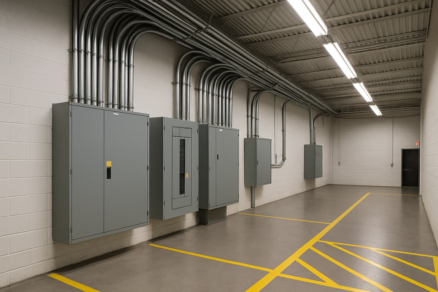Large warehouse electrical room with upgraded distribution boards and conduit runs