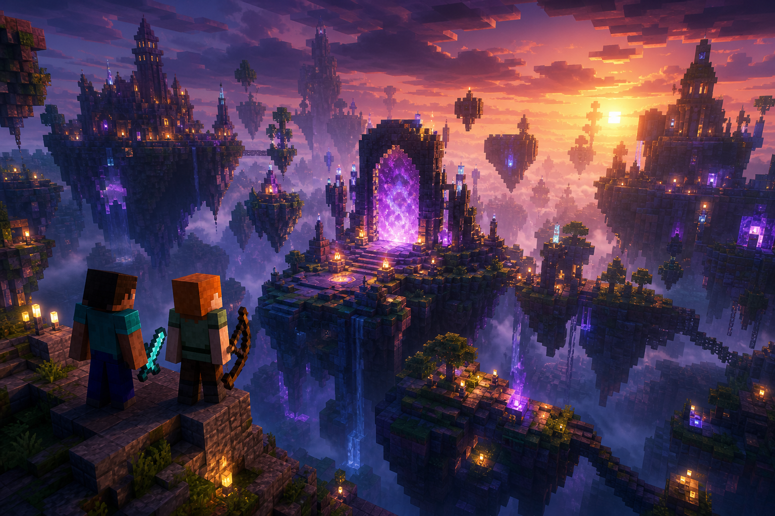 Dramatic premium Minecraft-inspired fantasy world with glowing portal energy, floating stone structures, and atmospheric depth