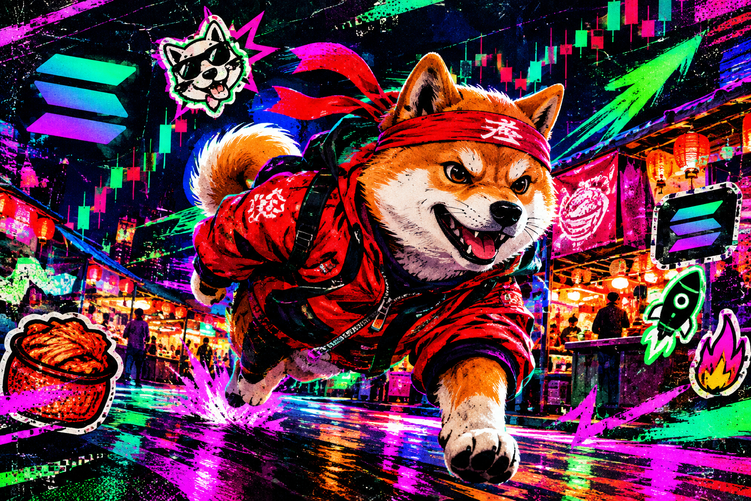 Wide retro meme illustration of Inu Kimchi mascot sprinting through neon market candles with sticker splashes and chaotic Solana-themed street signs