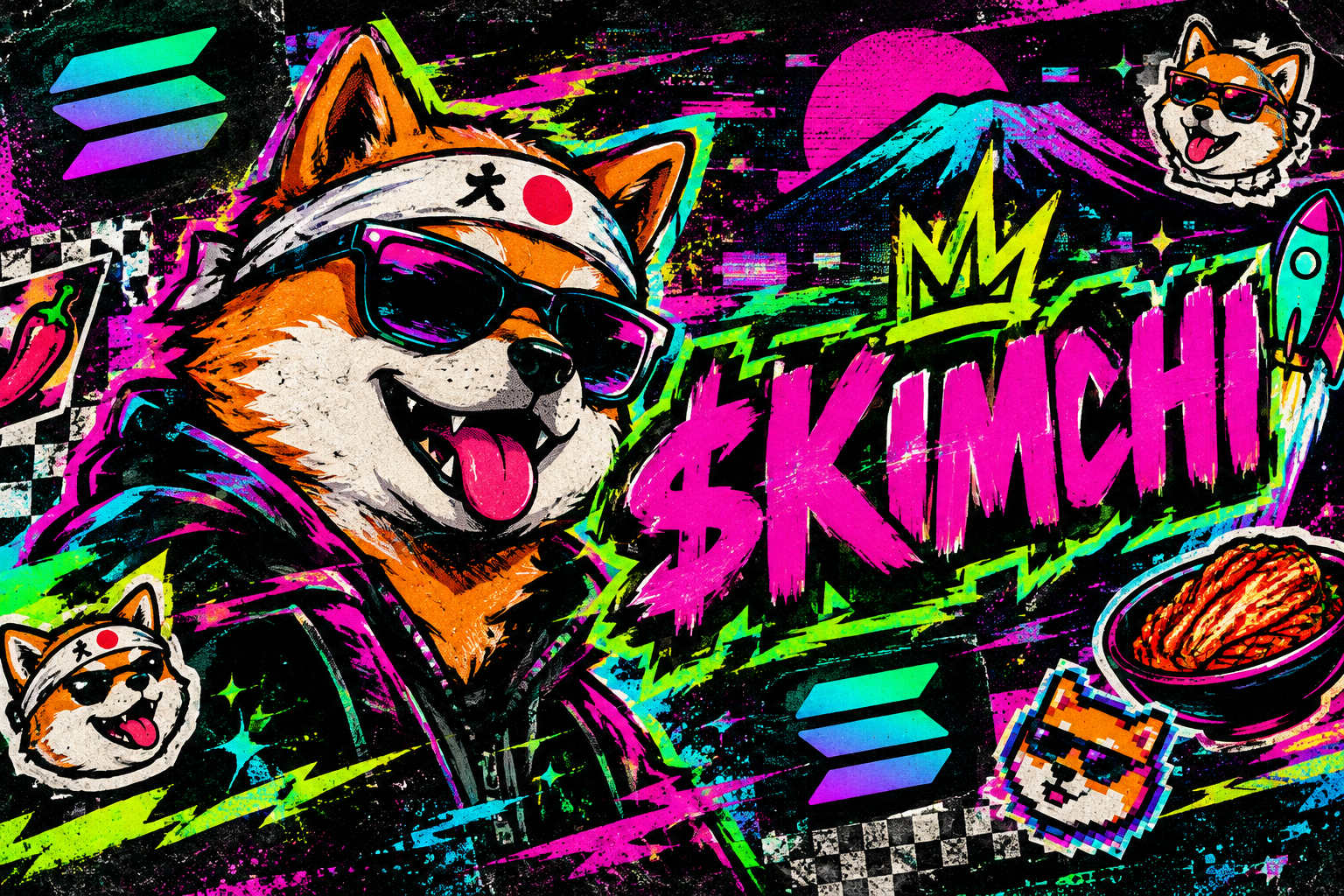 Wide horizontal meme poster strip featuring Inu Kimchi graffiti tag, Solana neon shapes, and retro sticker texture