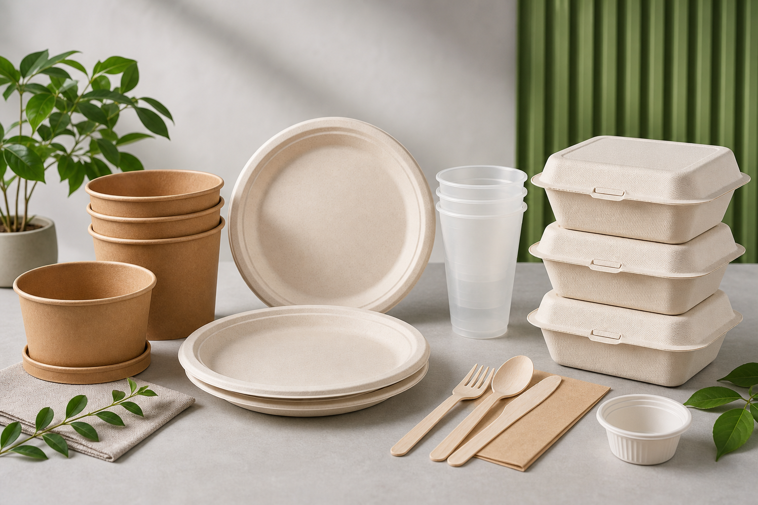 Modern tabletop arrangement of eco disposable tableware with plates, cups, and takeaway containers in a clean production-focused presentation