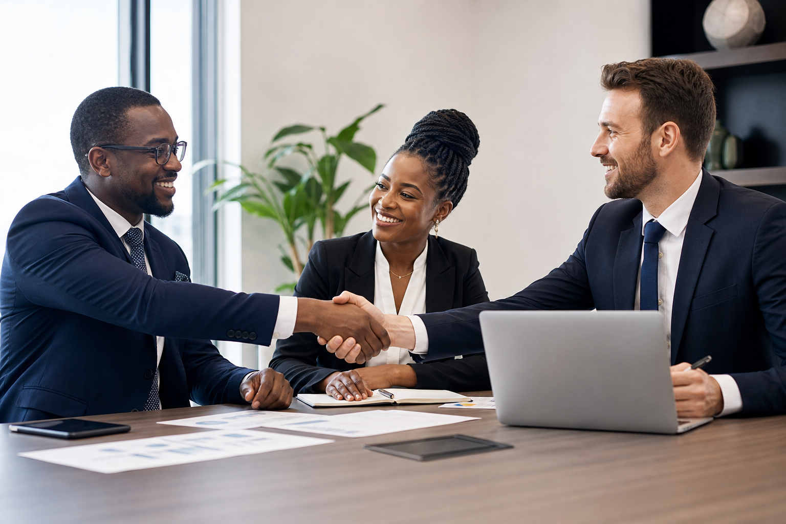 Professional business partners in a modern meeting space reviewing documents and confirming collaboration