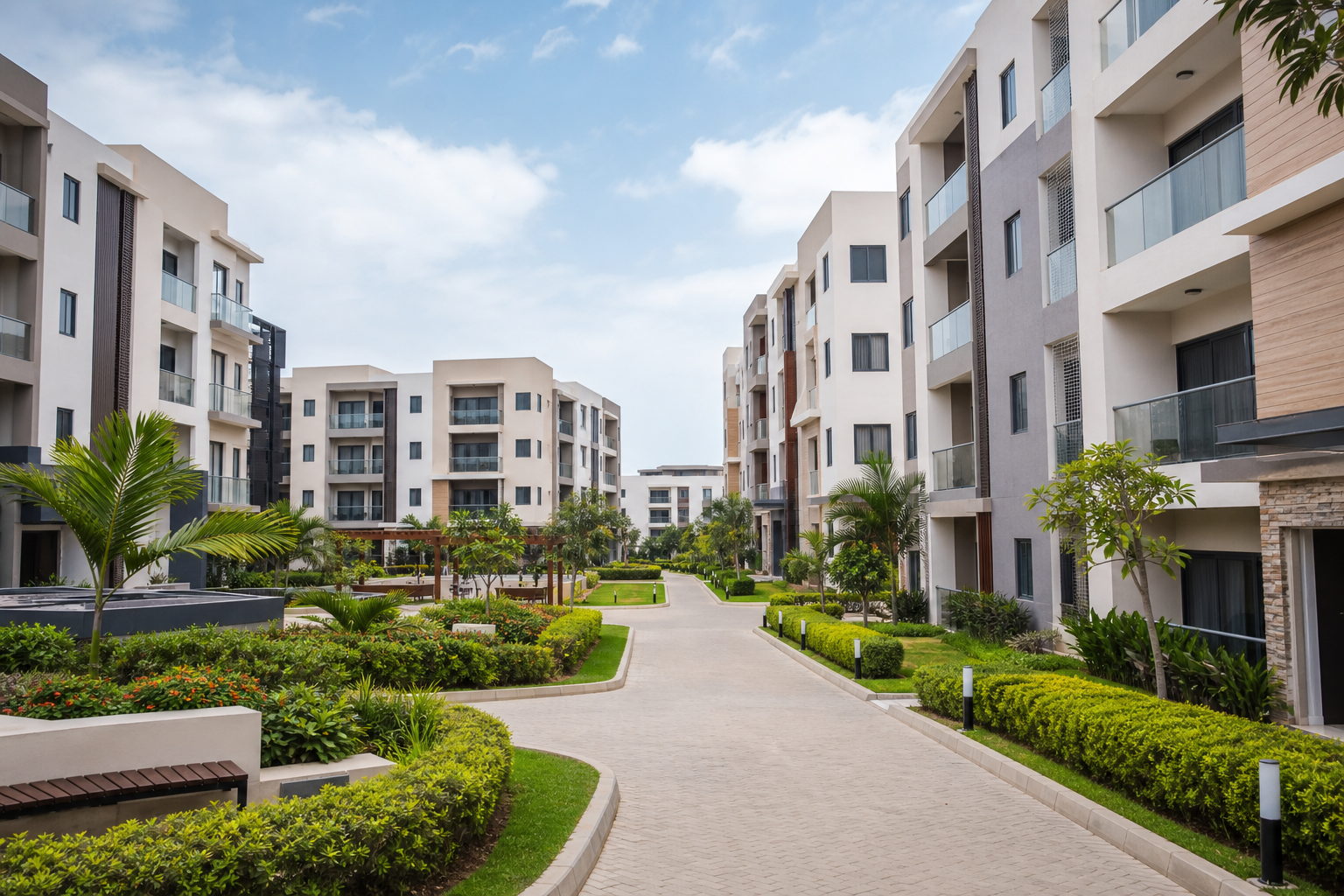Modern residential development with landscaped walkways and clean contemporary apartment facades