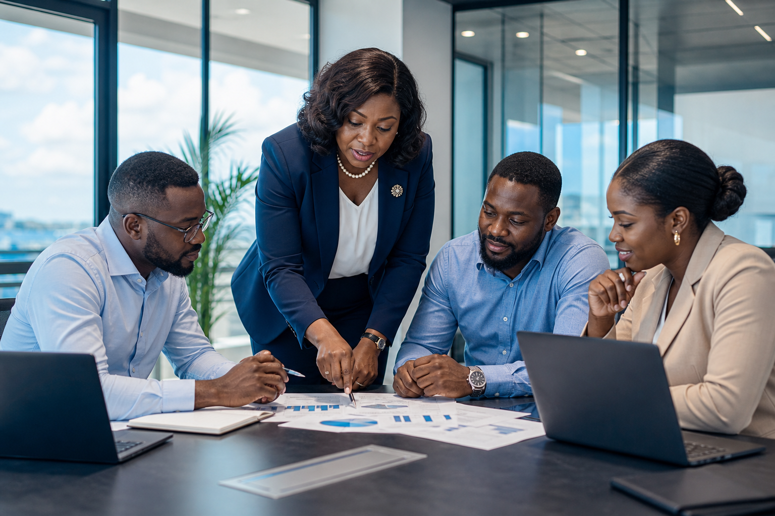 Professional Ghanaian corporate team in a modern office meeting, discussing plans across multiple business sectors