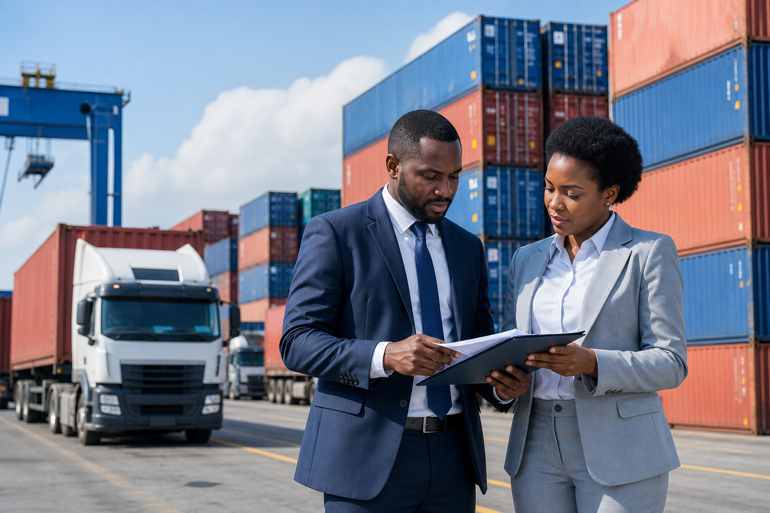 Professionals coordinating international cargo logistics at a modern shipping terminal
