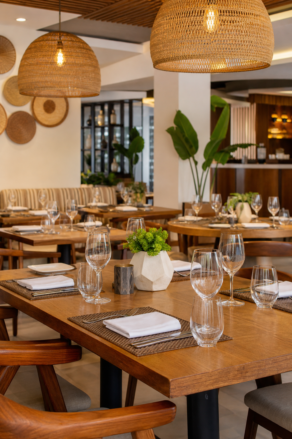 Welcoming modern restaurant dining area with neatly set wooden tables, warm ambient lighting, and attentive service atmosphere