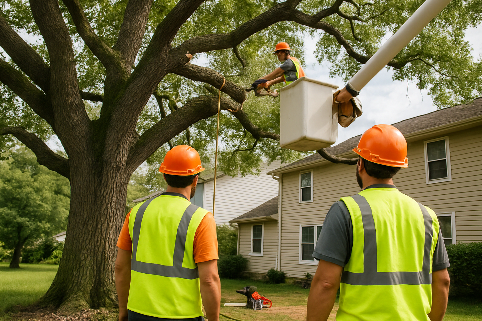 Tree service crew in safety helmets using lift equipment to trim a large oak tree beside a residential property