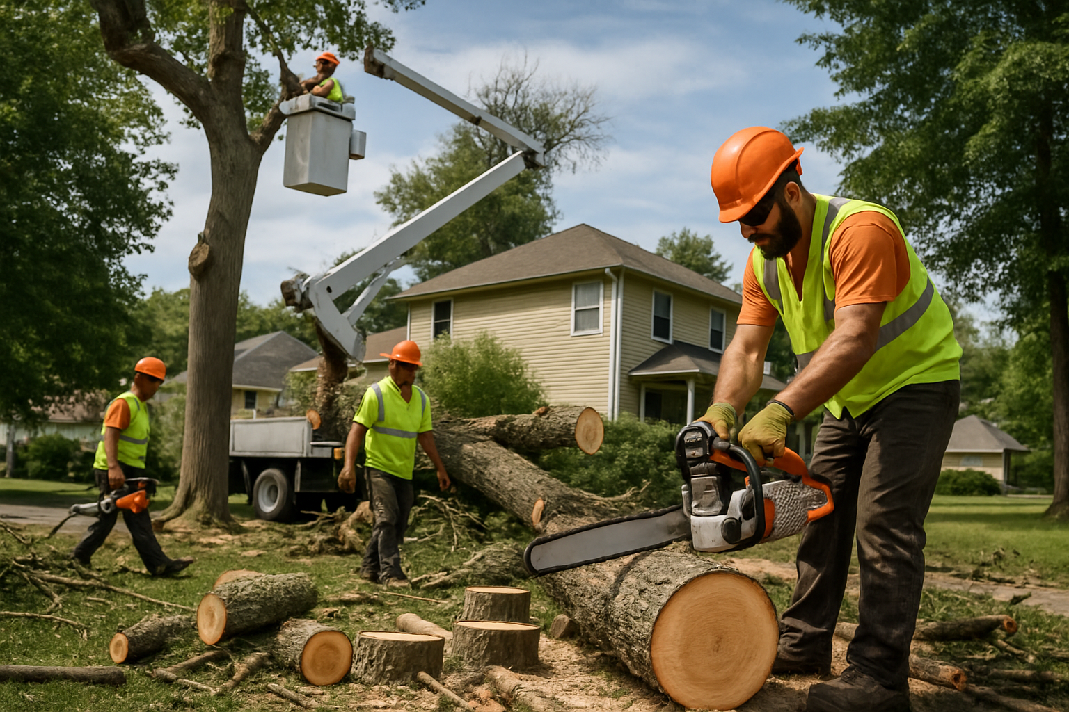 Tree service crew in safety gear removing a large tree with a bucket truck and chainsaws on a residential property