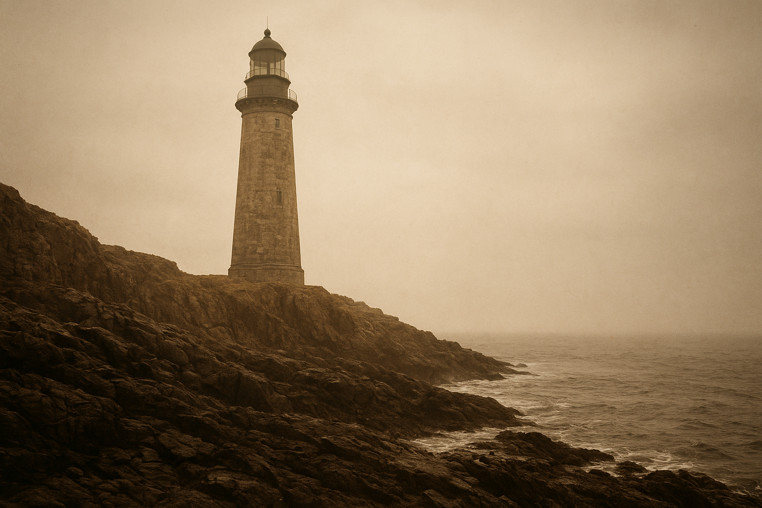 Wide archival view of a stone lighthouse on a cliff in overcast coastal weather