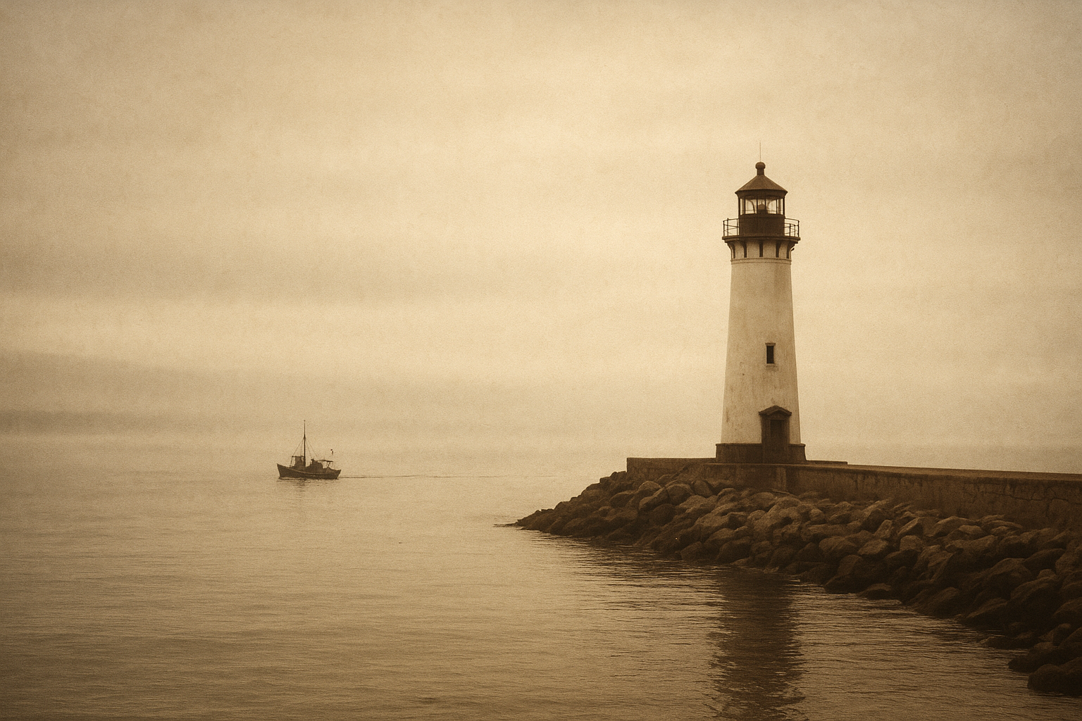 Archive coastal approach view with lighthouse, fishing vessel, and misty harbor horizon