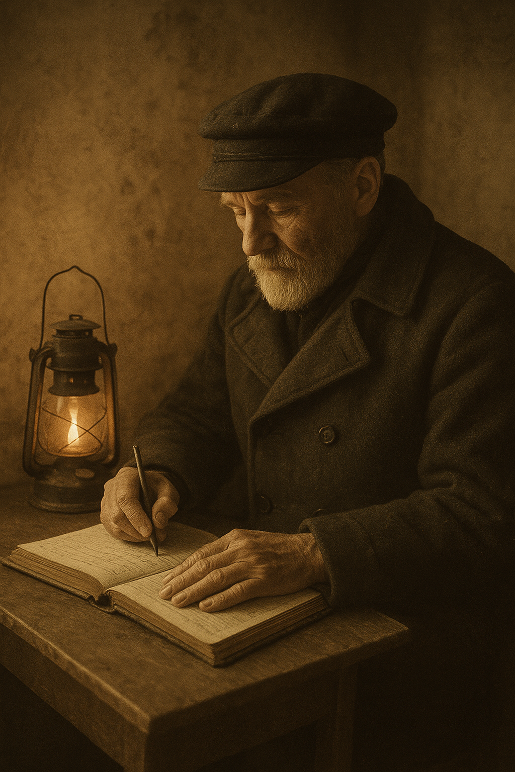 Documentary photograph of a keeper writing in a weathered logbook beside a lantern