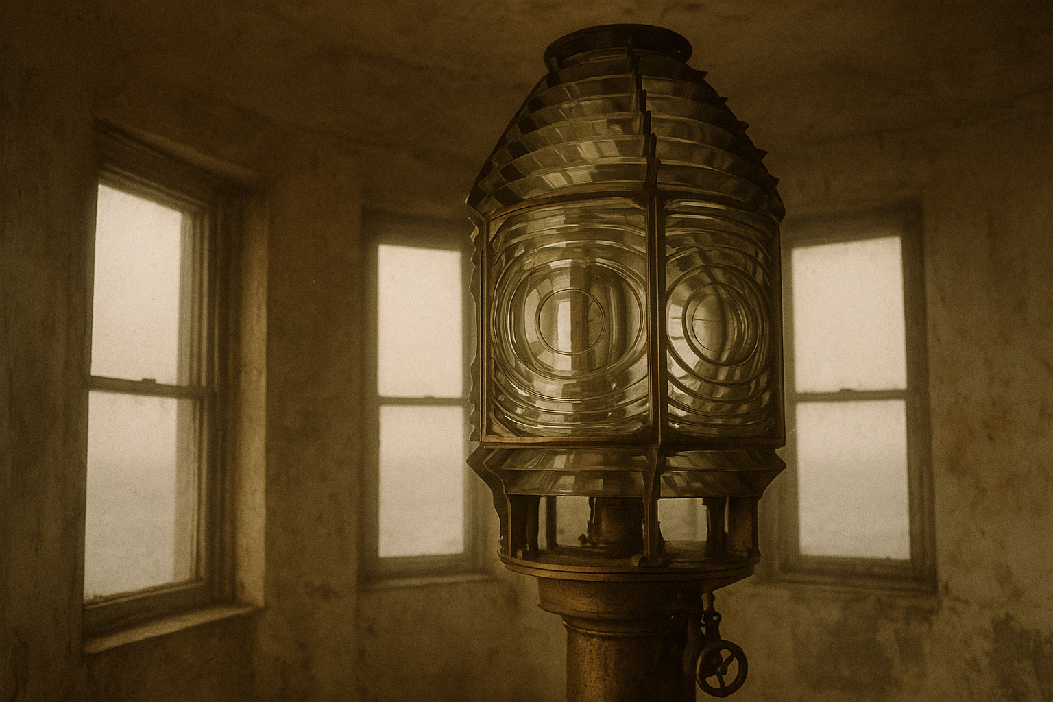 Archival interior photo of a lighthouse lens room with brass fittings and fogged window light