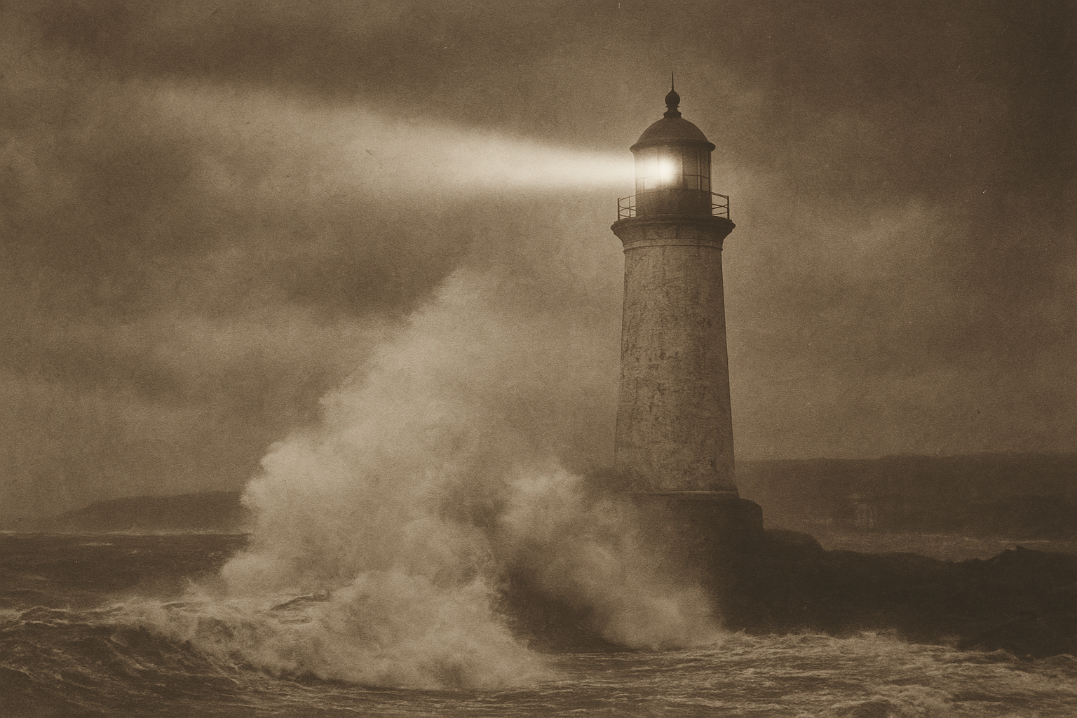 Historic shoreline photo of beacon light cutting through sea spray during a storm