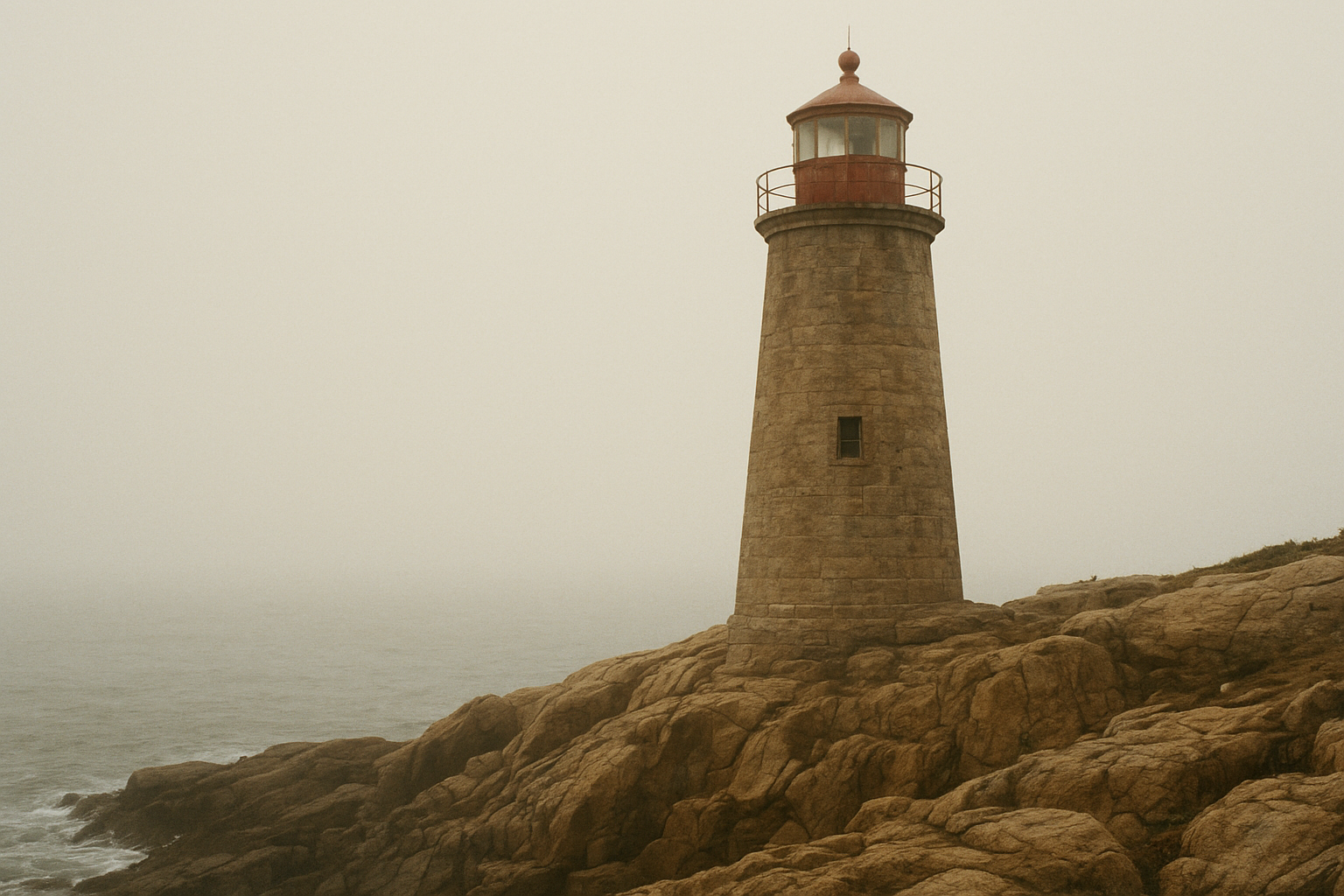 Granite lighthouse with a weathered red lantern room on a wind-cut cliff under pale morning fog