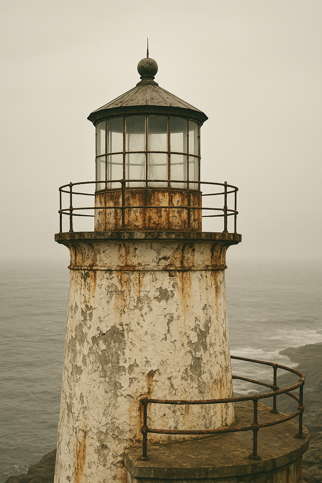 Weathered lighthouse parapet and salt-stained railing above a misty northern shoreline