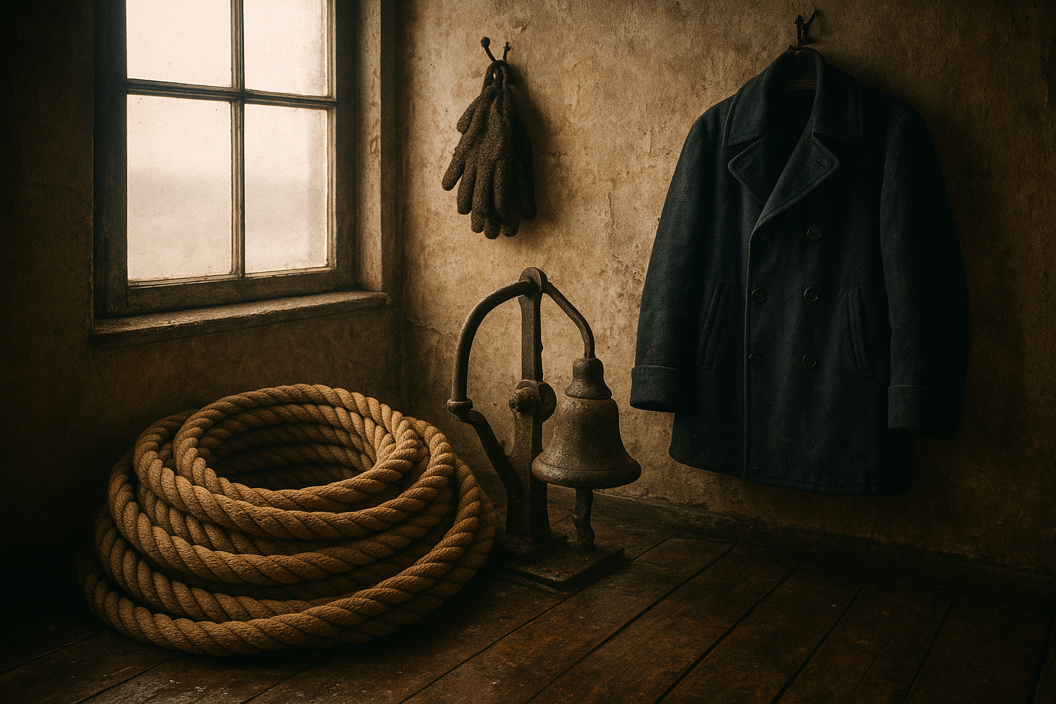 A close interior view of coiled bell rope, heavy gloves, and a damp peacoat hanging beside a lighthouse fog signal mechanism