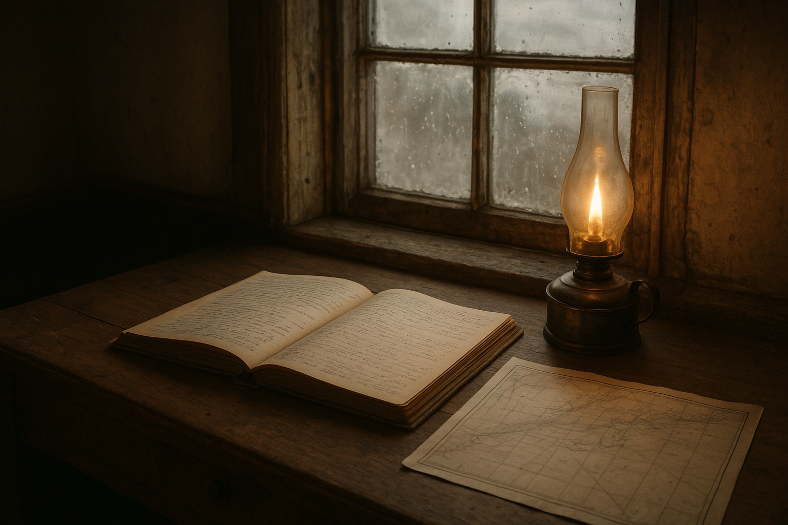 A weathered wooden desk inside a lighthouse watch room with an open ledger, brass oil lamp, and sea charts