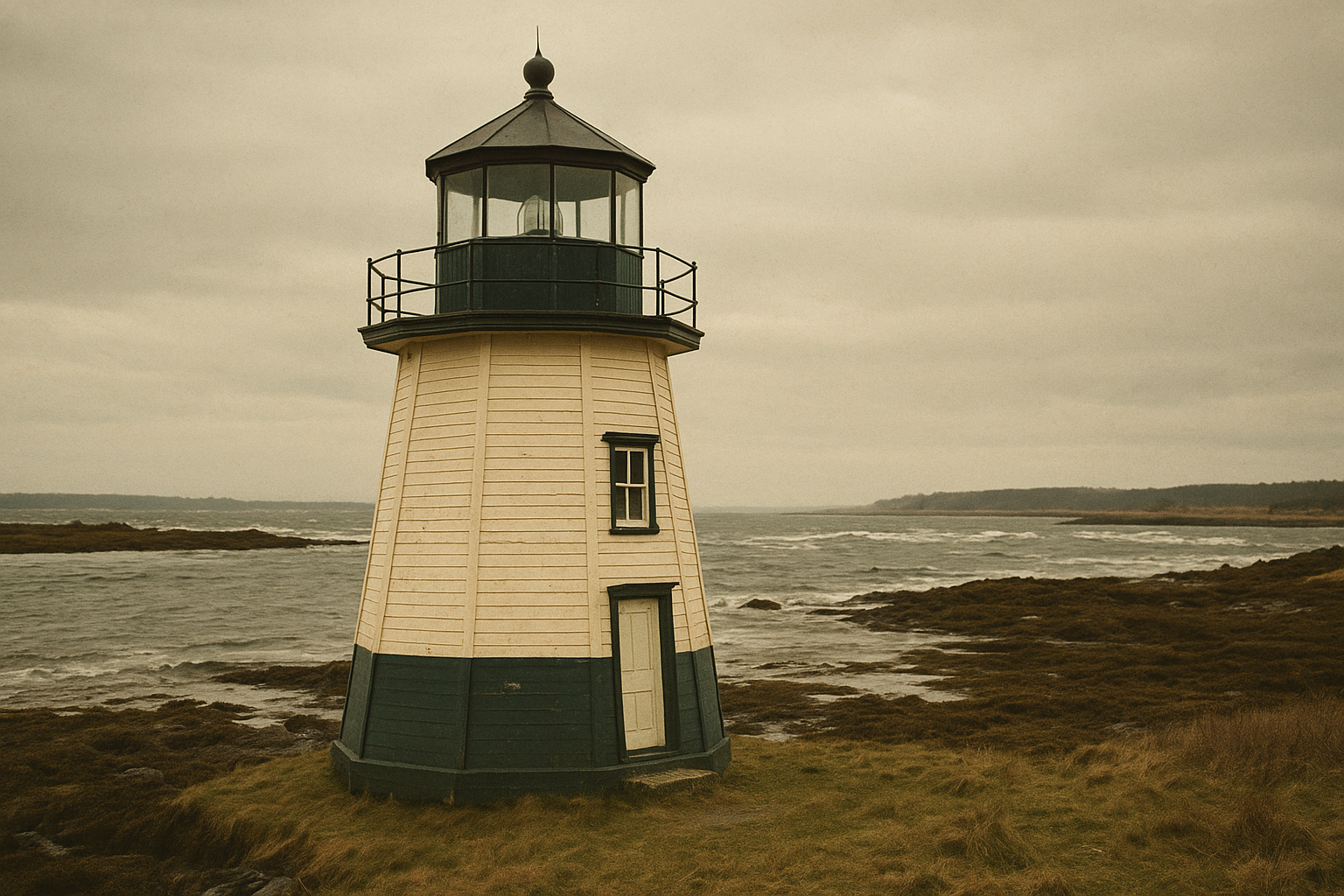 Compact octagonal timber lighthouse painted cream and green beside choppy tidal water and kelp flats