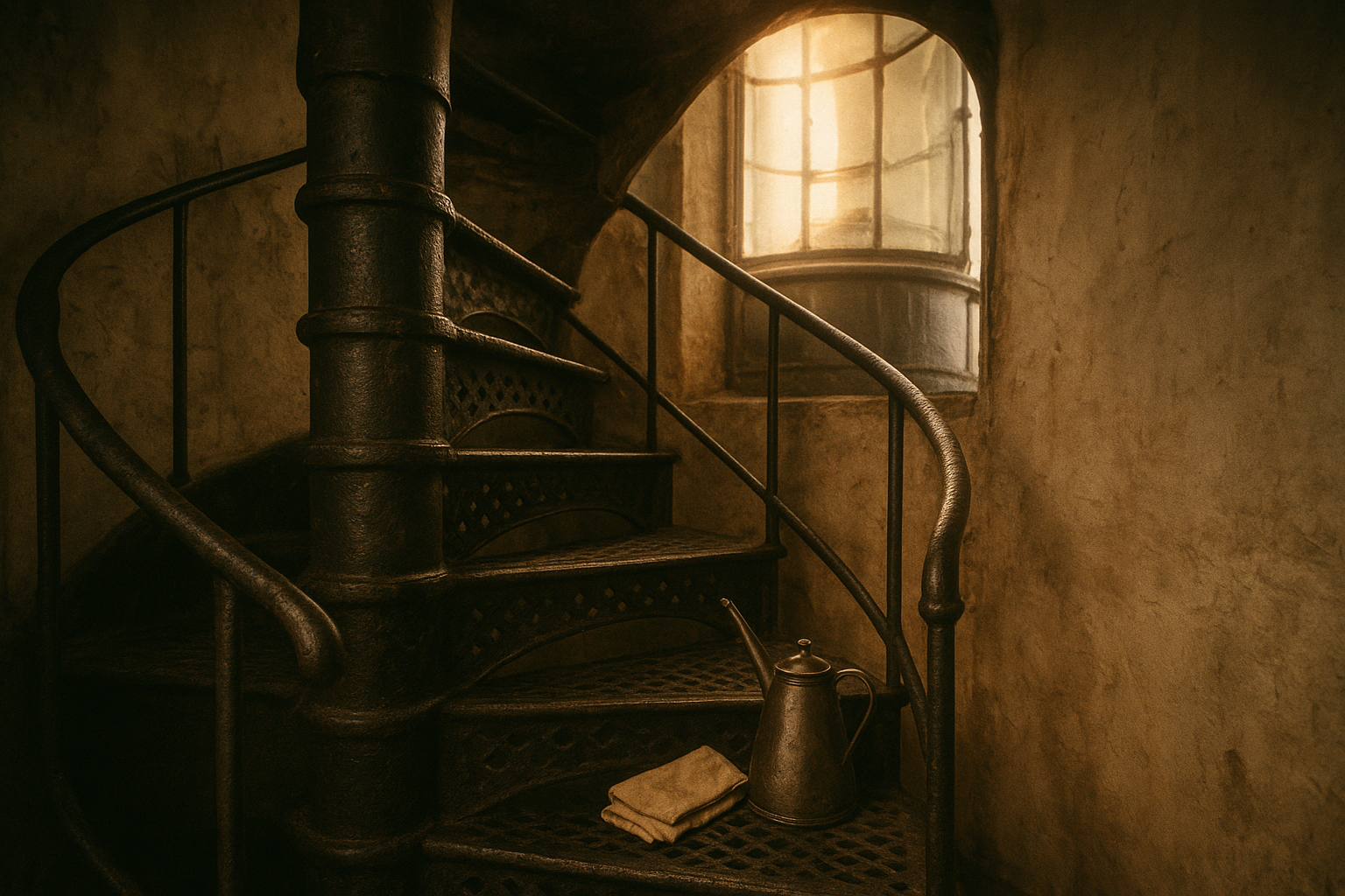 Narrow lighthouse stairwell leading to the lantern room with a metal oil can, folded cloth, and morning light entering from above