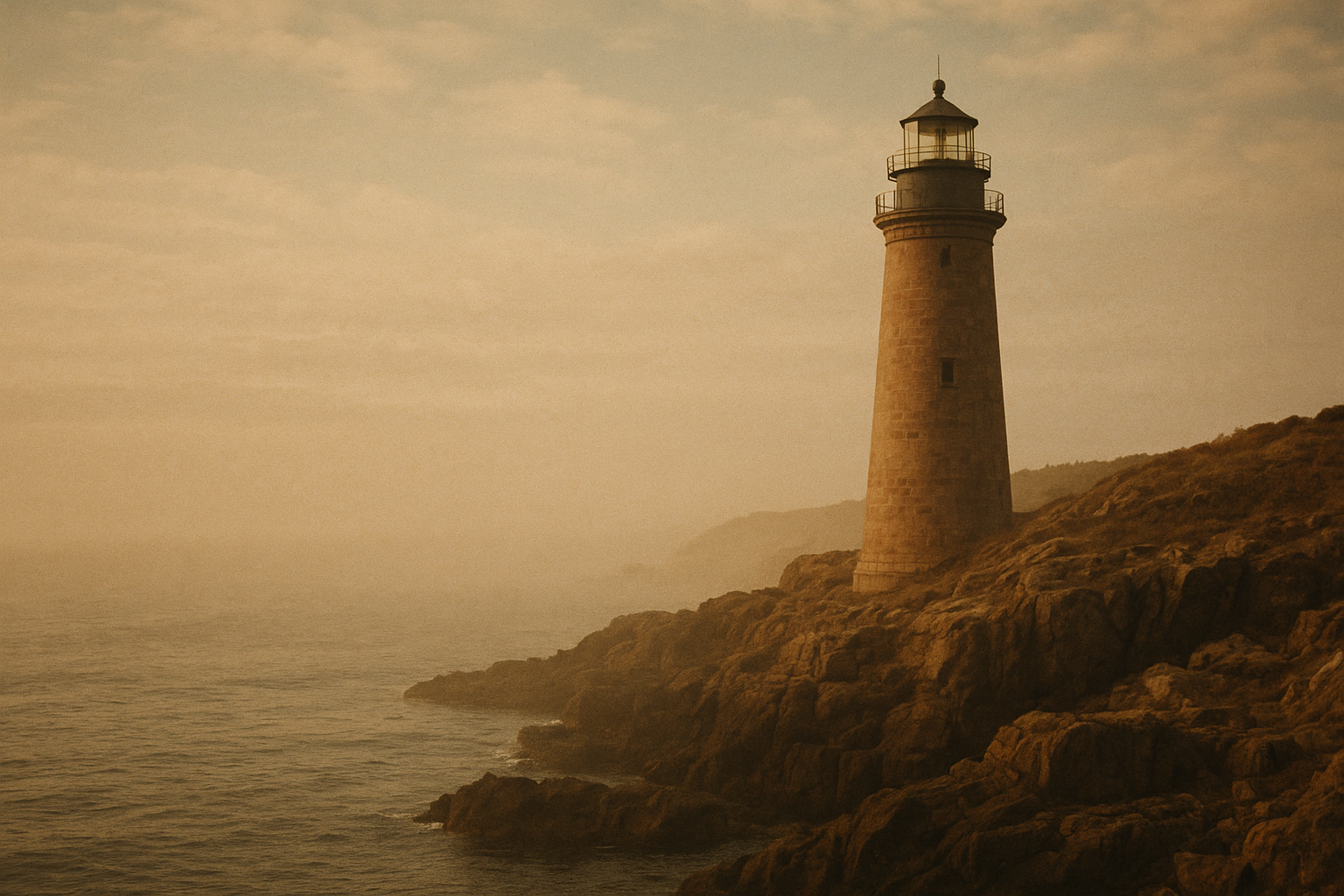 Warm film-photography scene of a northern coastal lighthouse under soft weathered light with shoreline cliffs and sea haze