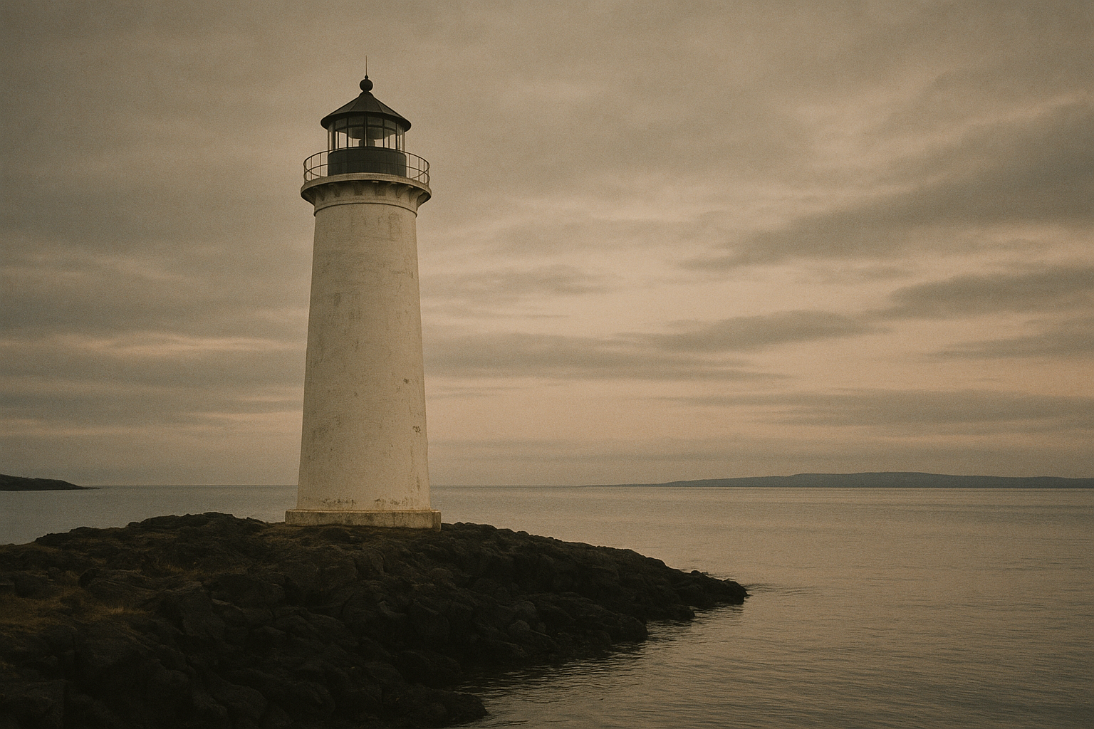 Tall white cylindrical lighthouse with narrow gallery rail rising from dark basalt shoreline at dusk