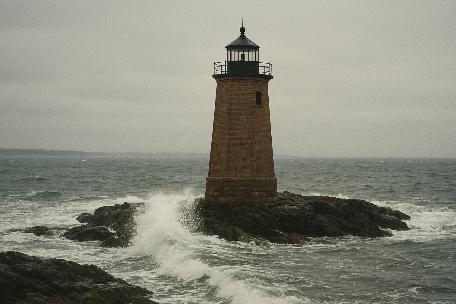 Square brick lighthouse tower with black cap standing above wave-battered shoals under overcast sky
