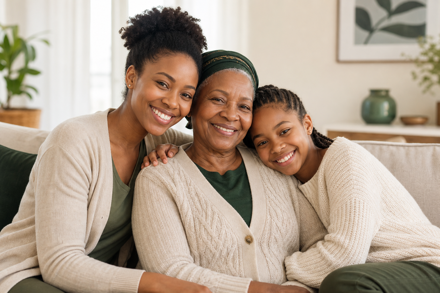 Warm lifestyle photo of three Black family members sitting closely together on a couch in a bright living room, smiling with a multigenerational family-care feeling