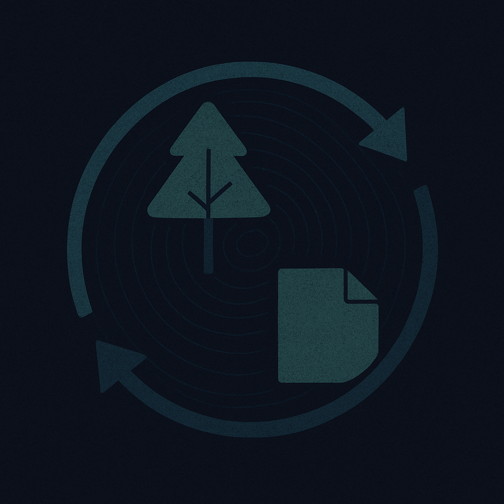 Minimal eco-themed circular illustration showing a tree ring, recycled paper fibers, and gentle arrows forming a loop in soft natural tones