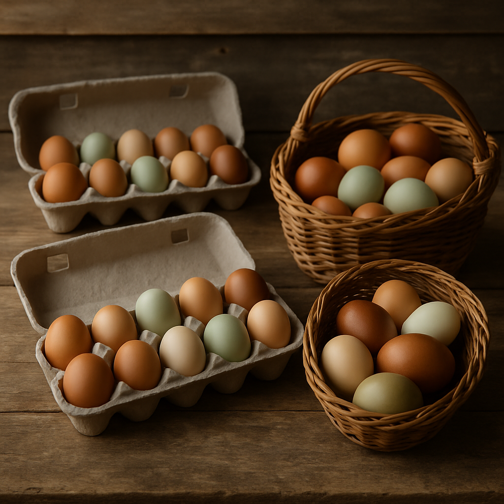 Rustic wooden farm stand table with baskets of brown and speckled eggs, fresh herbs, and a soft morning light