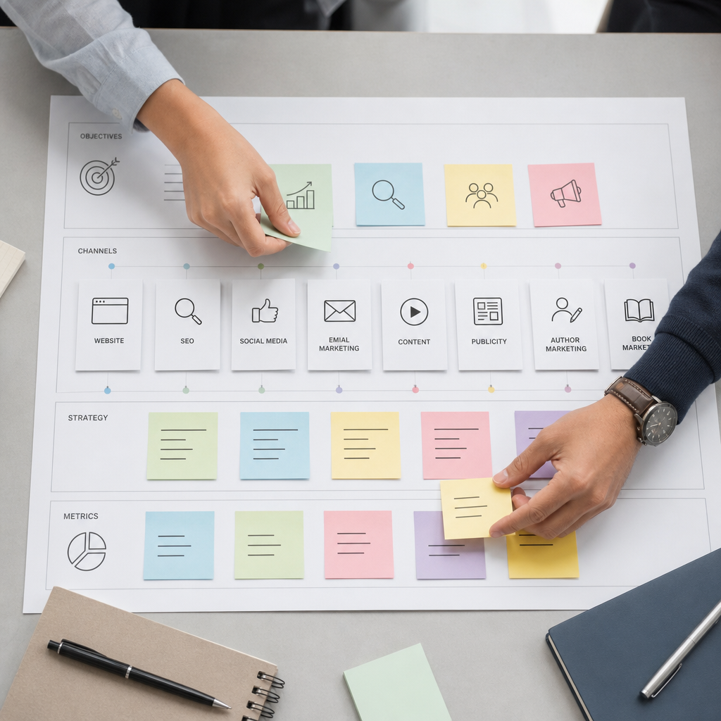 Hands arranging campaign notes and channel priorities on a planning board
