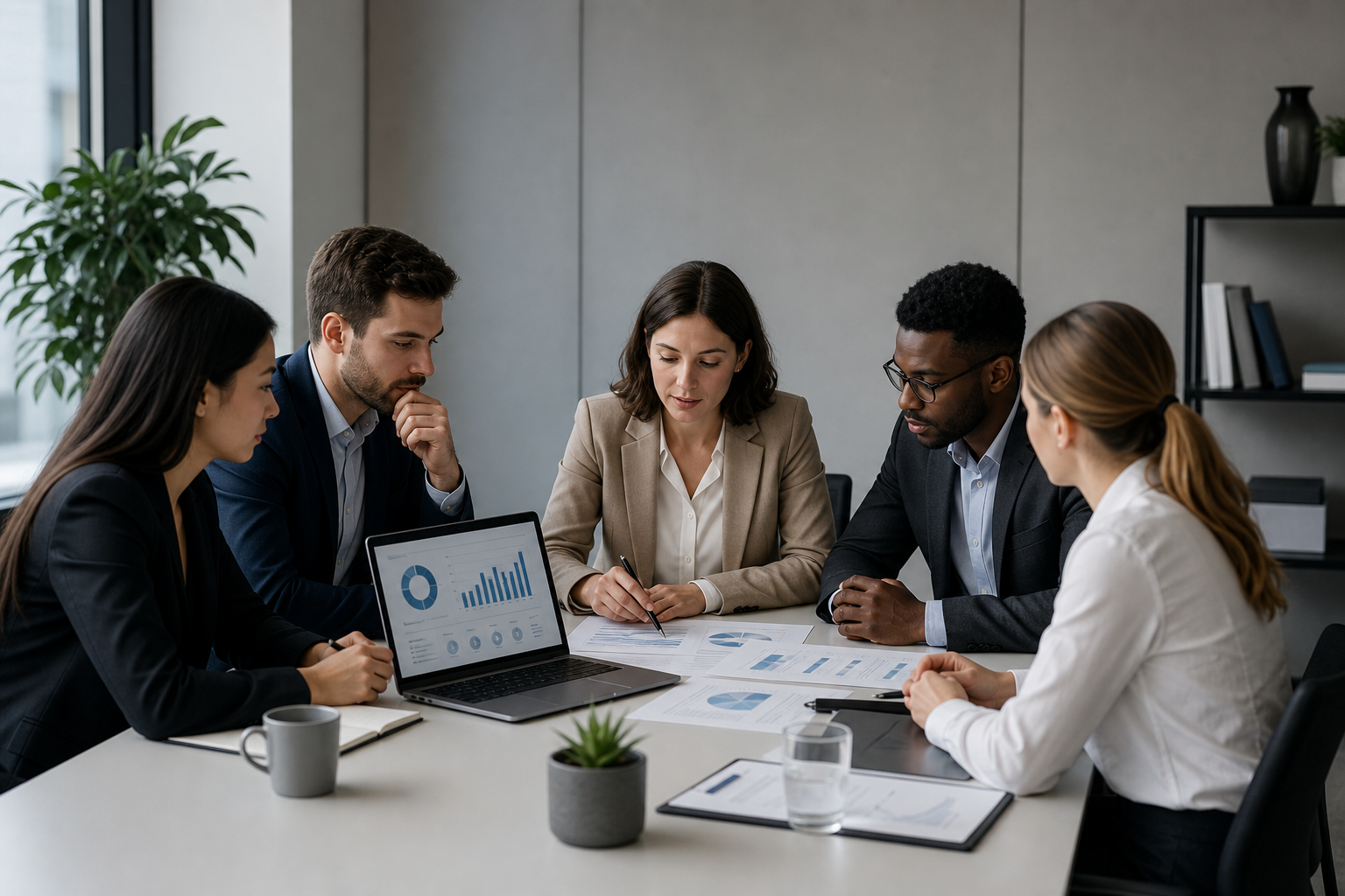 Professional marketing team reviewing campaign strategy in a modern office