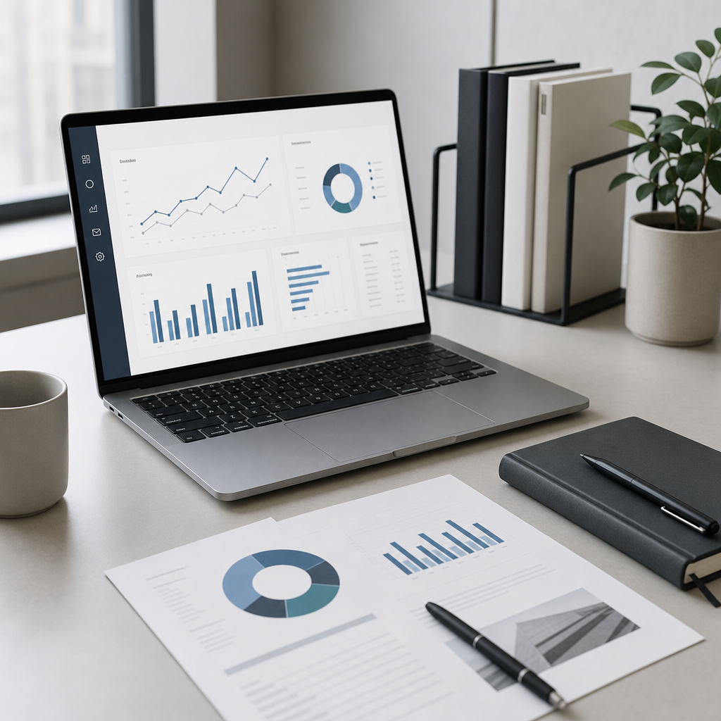 Clean desk workspace with analytics reports and laptop for digital planning