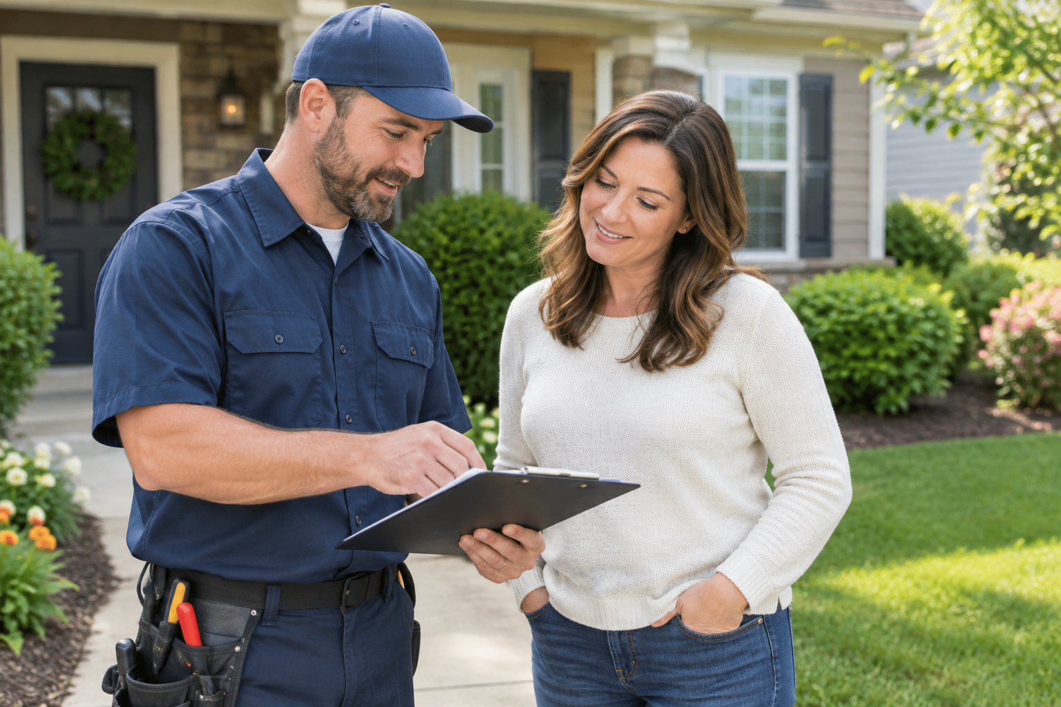 Local home service professional discussing repair plans with a homeowner outside a well-kept suburban house